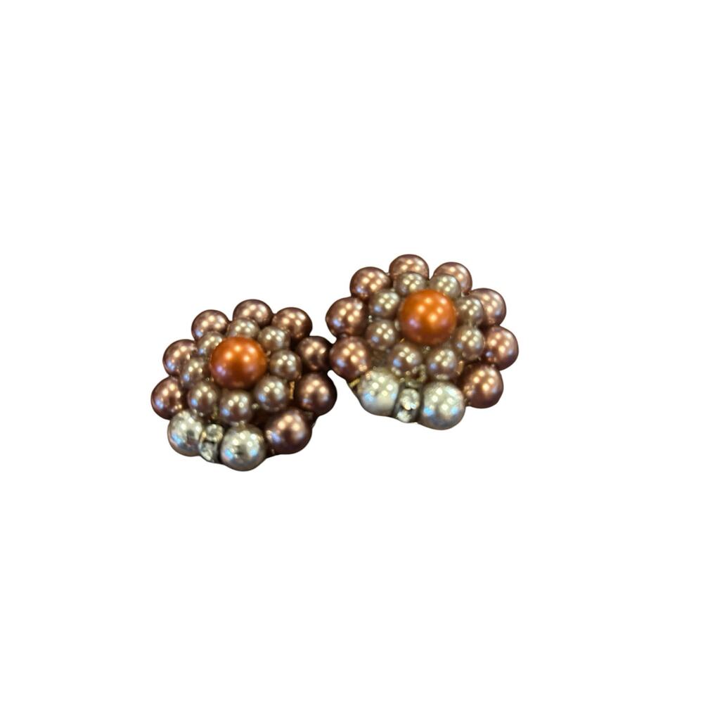Vintage 1950s Copper Brown Faux Pearl Cluster Clip-On Earrings Restored & Ready